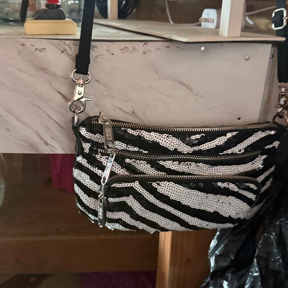 Pink VS sequined front black and white crossbody bag